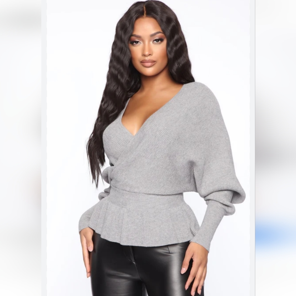 Fashion Nova Gray Wrap Sweater Top